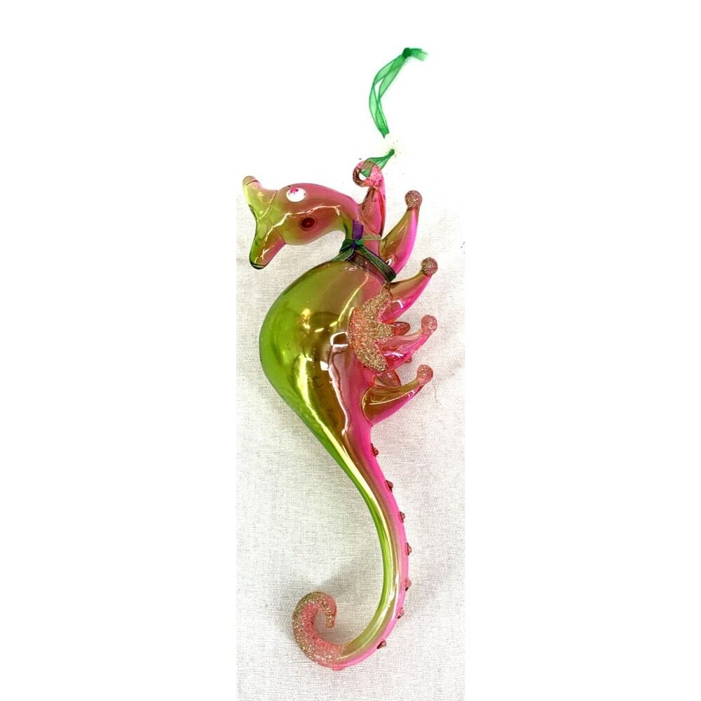 Seahorse Christmas Ornament Hand Blown 6" Two Tone Holiday Decor
